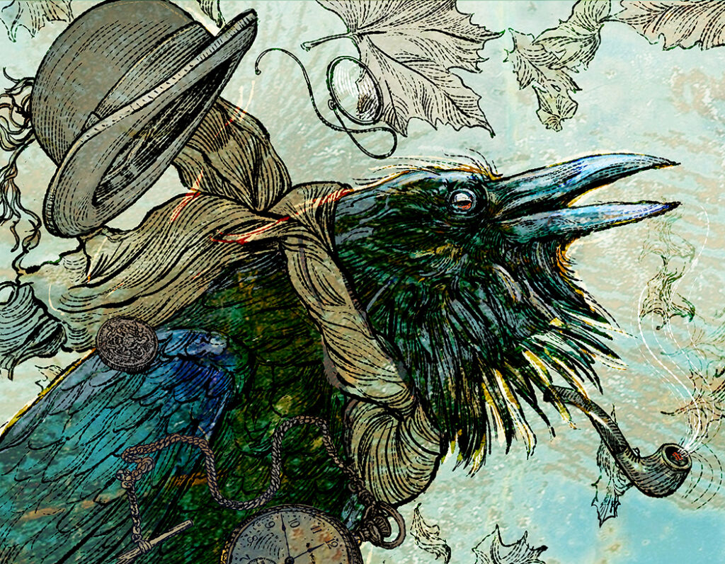 Illustration of a crow on a windy day