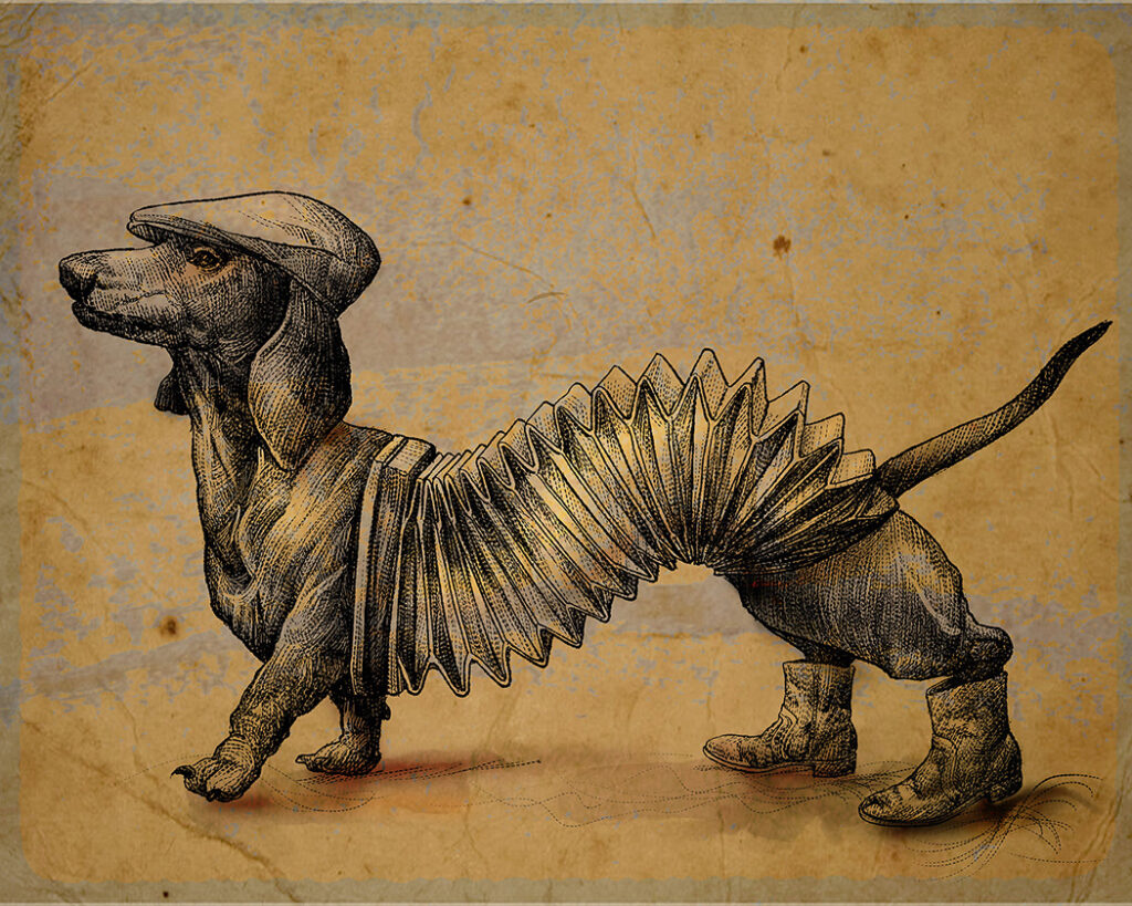 Illustration by Mike Morris, of a musical Dachshund, for a children's book