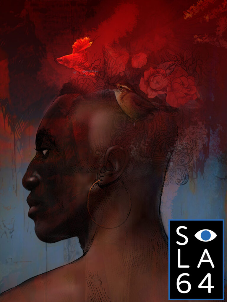 Illustration of woman with wren, singing, nested into her hair. Piece by artist Mike Morris.