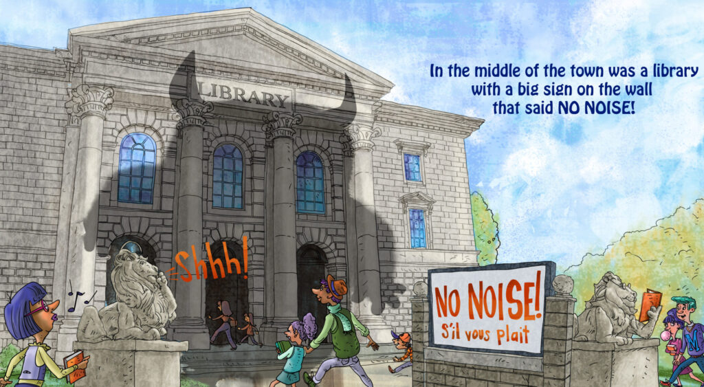 illustration of a library in the children's book 'Quiet'